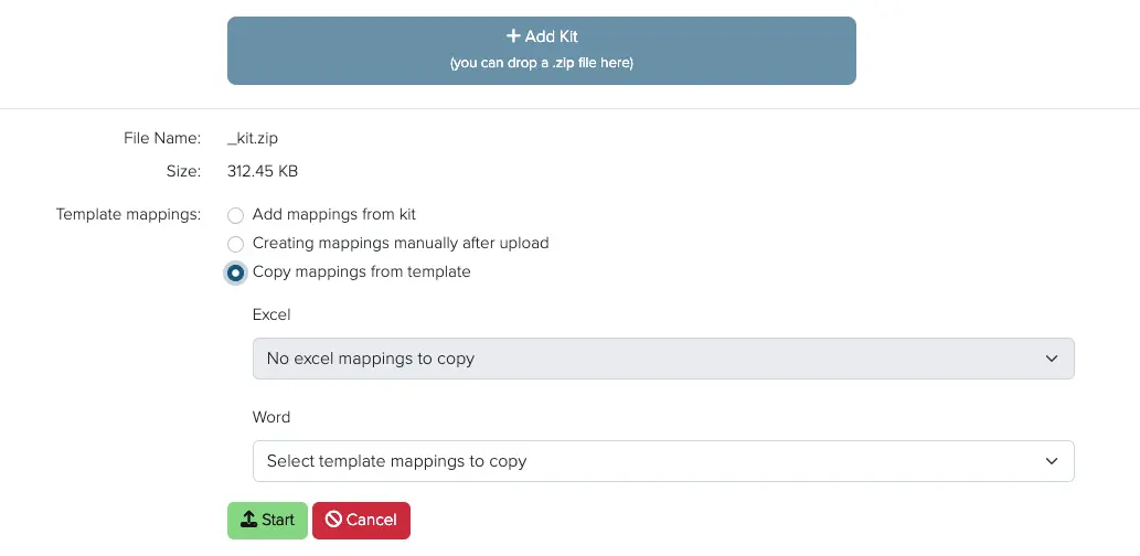 Screenshot of the Dradis kit upload view