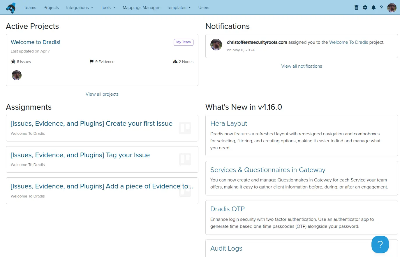 Screenshot of Dradis after seeding with Welcome Kit