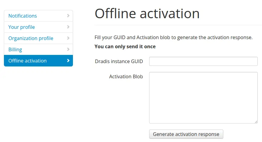 Screenshot of Dradis Portal offline activation