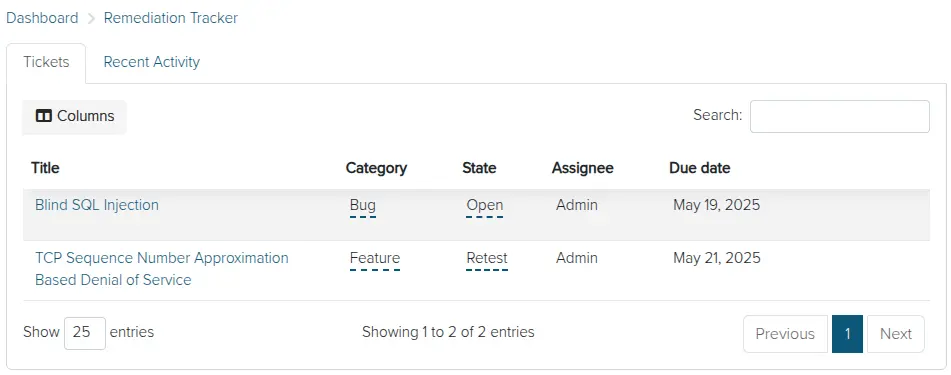 Screenshot of the Remediation Tracker view in the Results Portal
