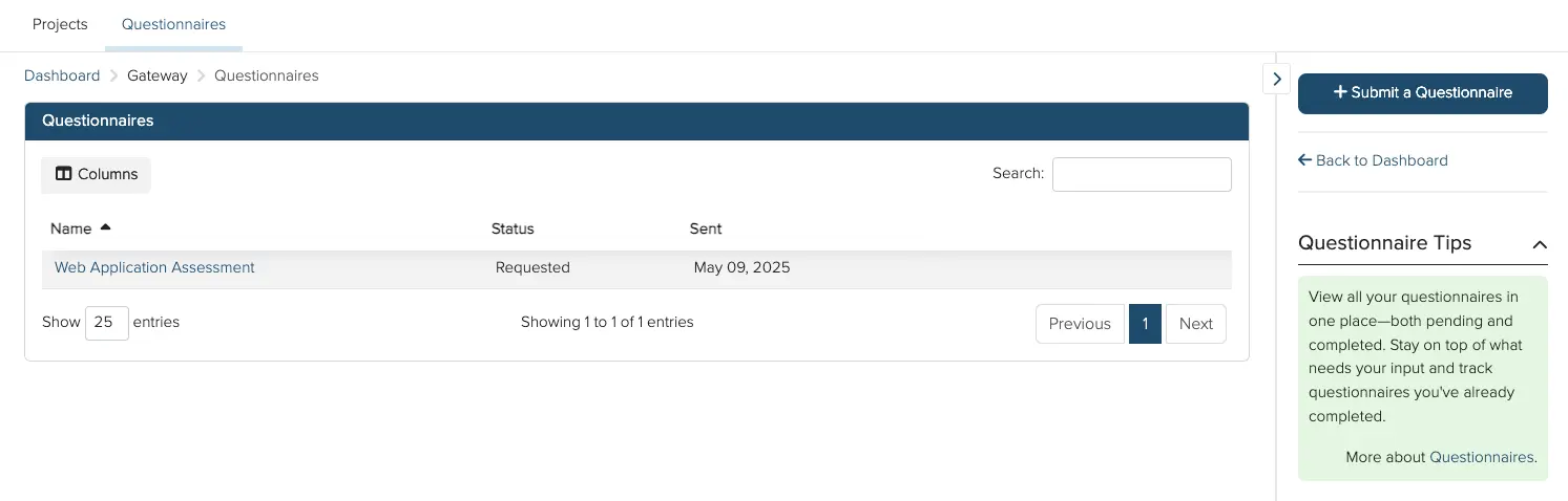 Screenshot of the Dradis Gateway questionnaires view
