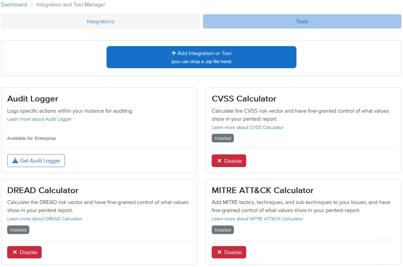 Dradis Integration and Tool Manager interface showing how to disable installed calculators