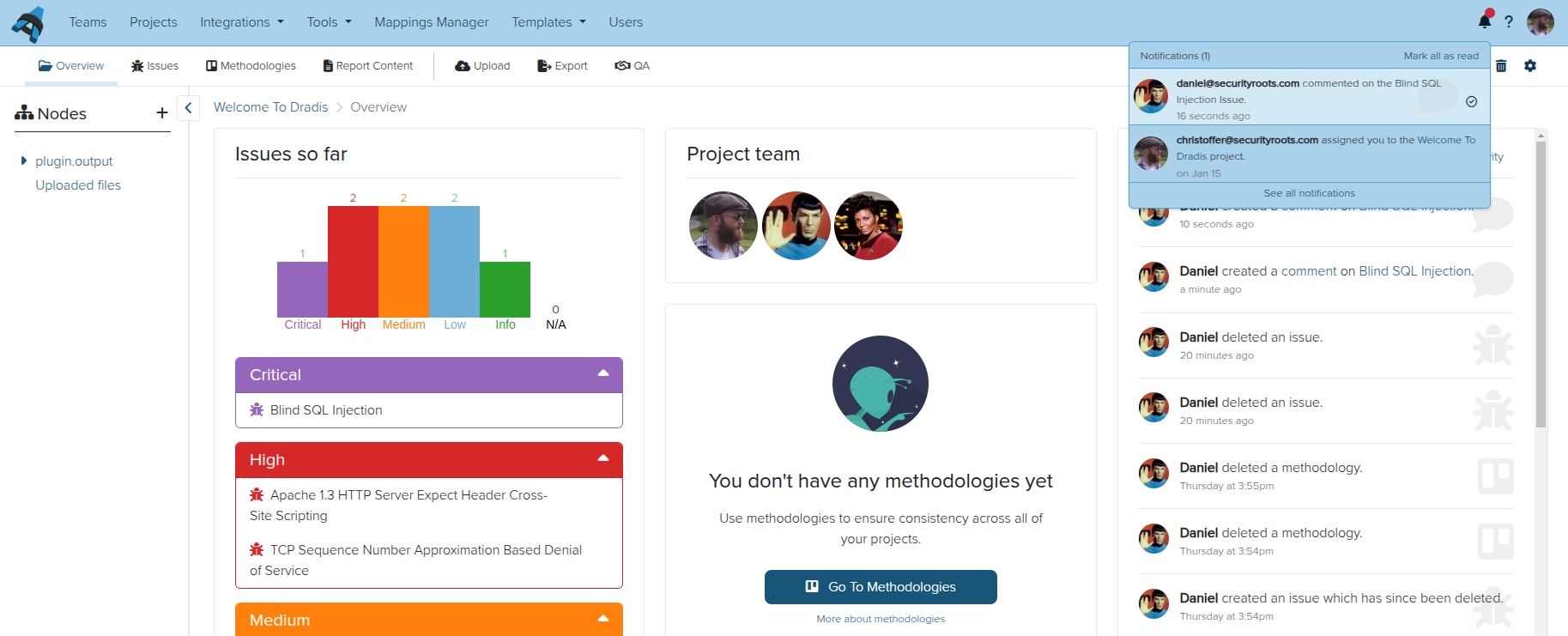 Screenshot of the Dradis notifications view