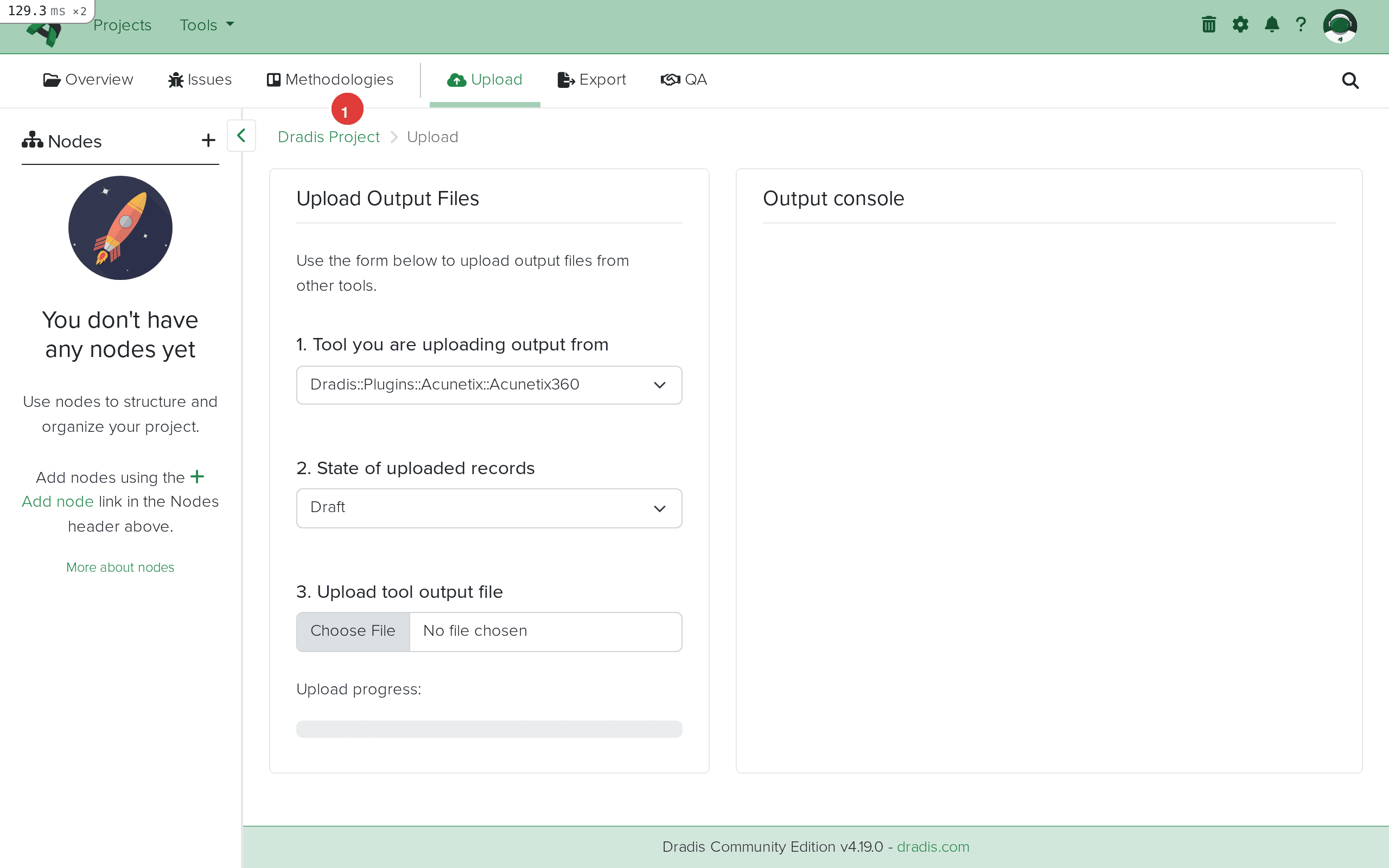 Dradis Upload page showing the upload form with tool selection dropdown