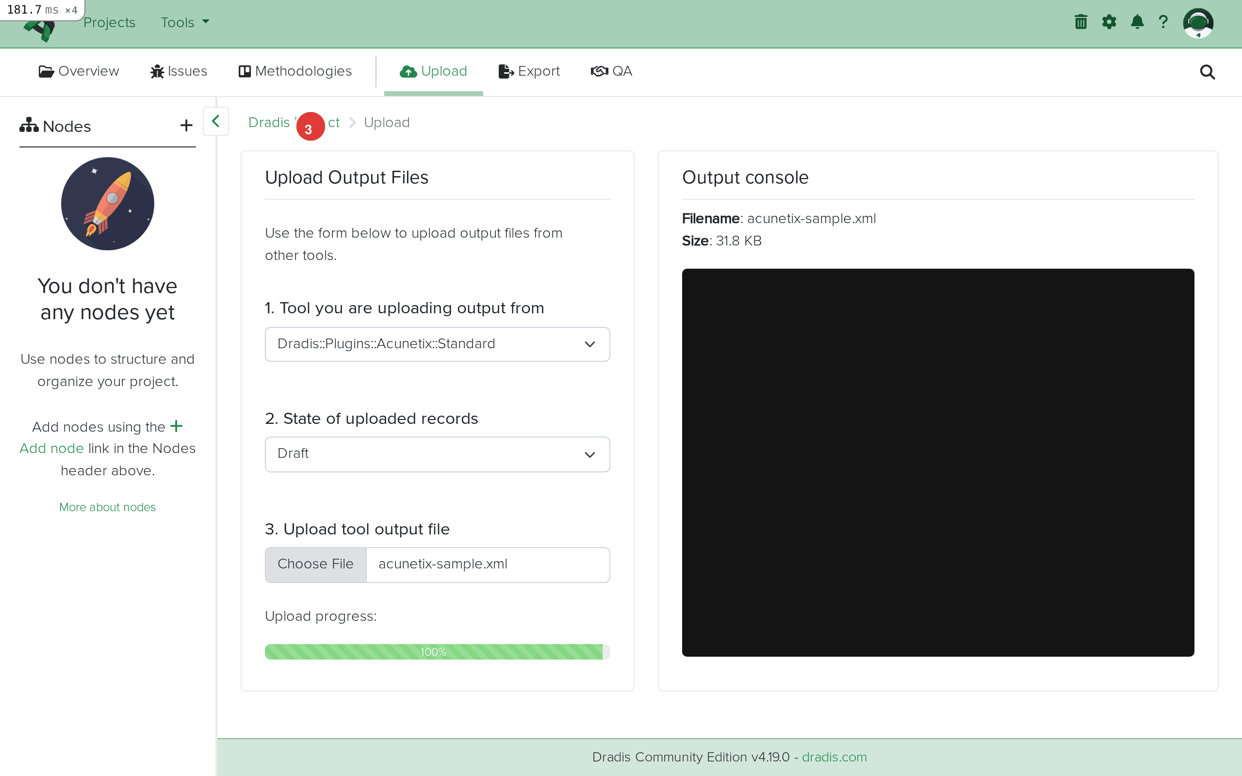 Acunetix XML file selected for upload