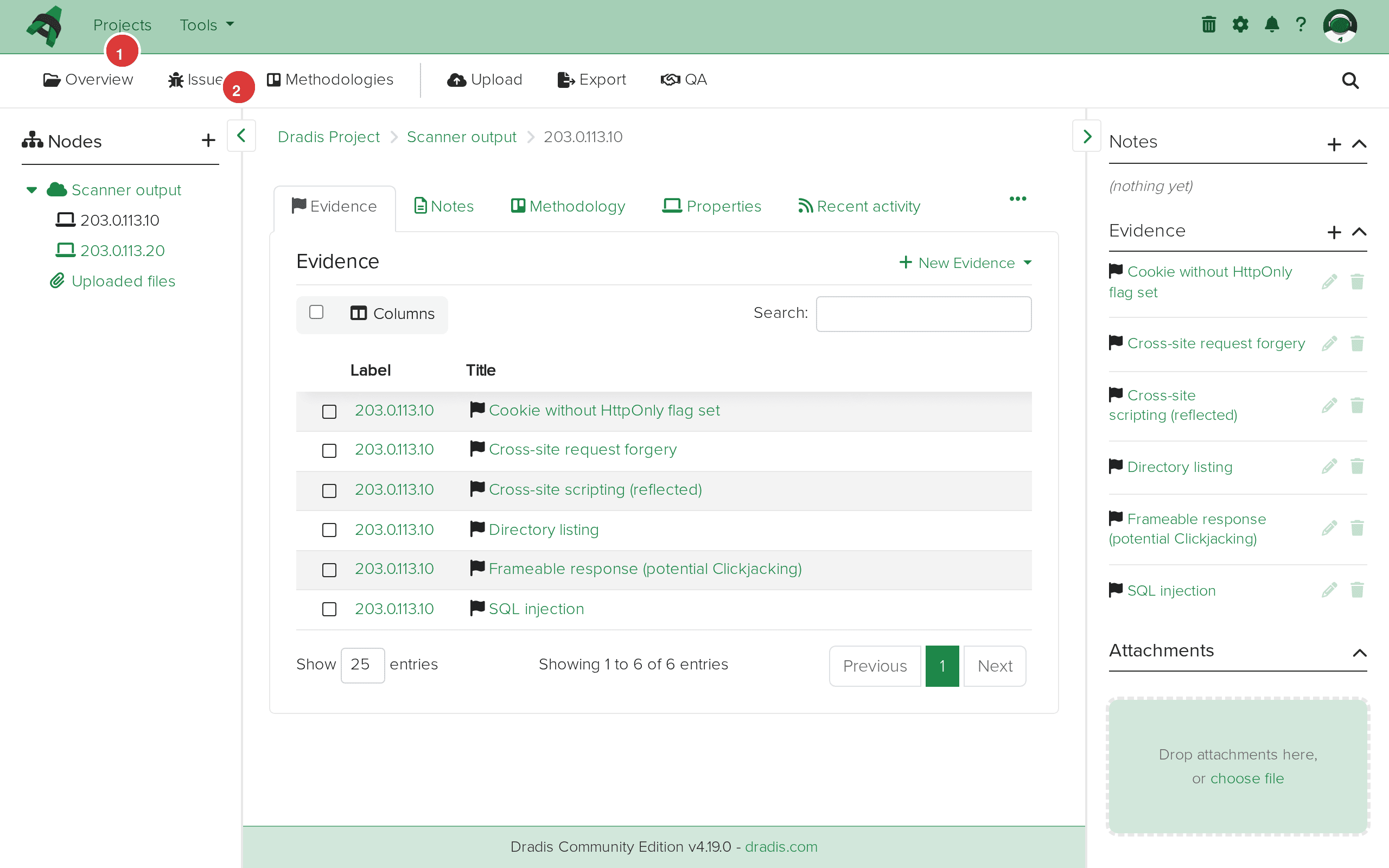 Evidence tab showing detailed evidence entries