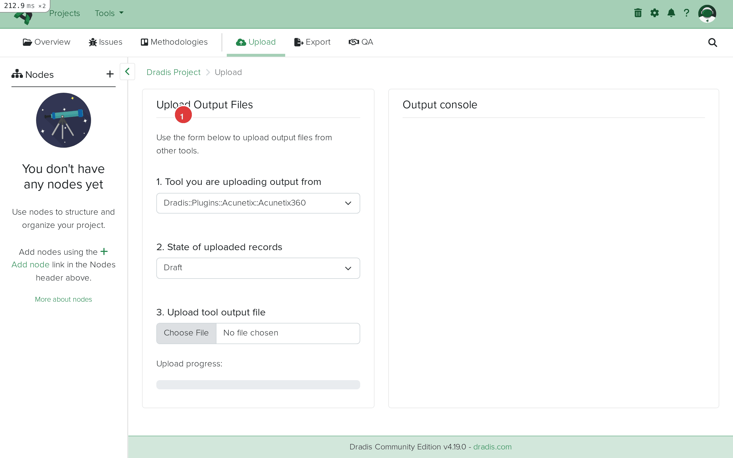 Dradis Upload page showing the upload form