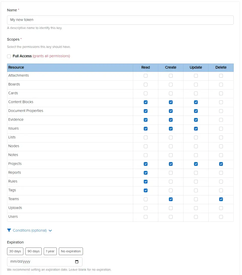 Screenshot of Personal Access Token management in Dradis