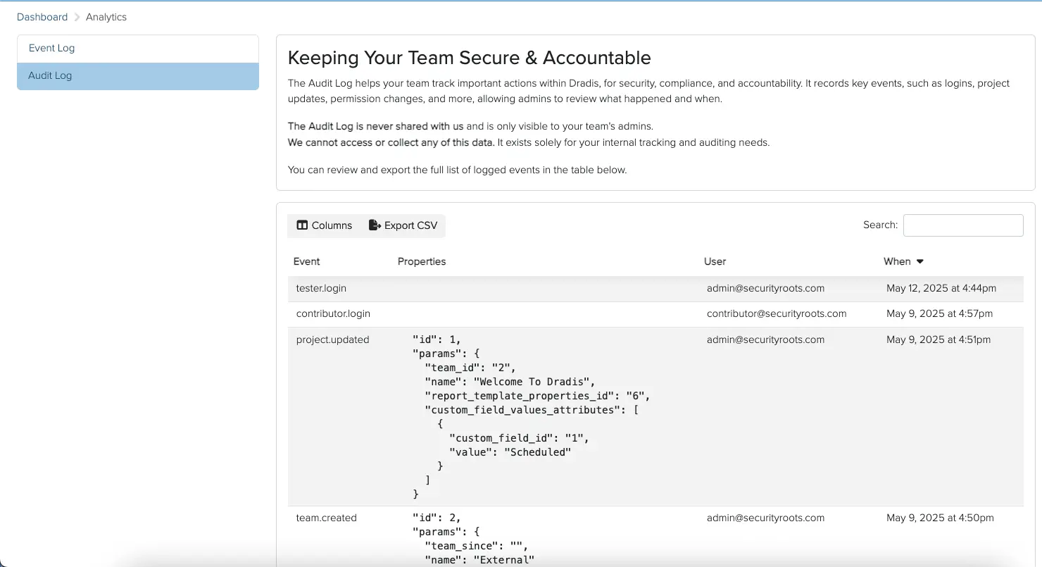 Screenshot of Audit Log