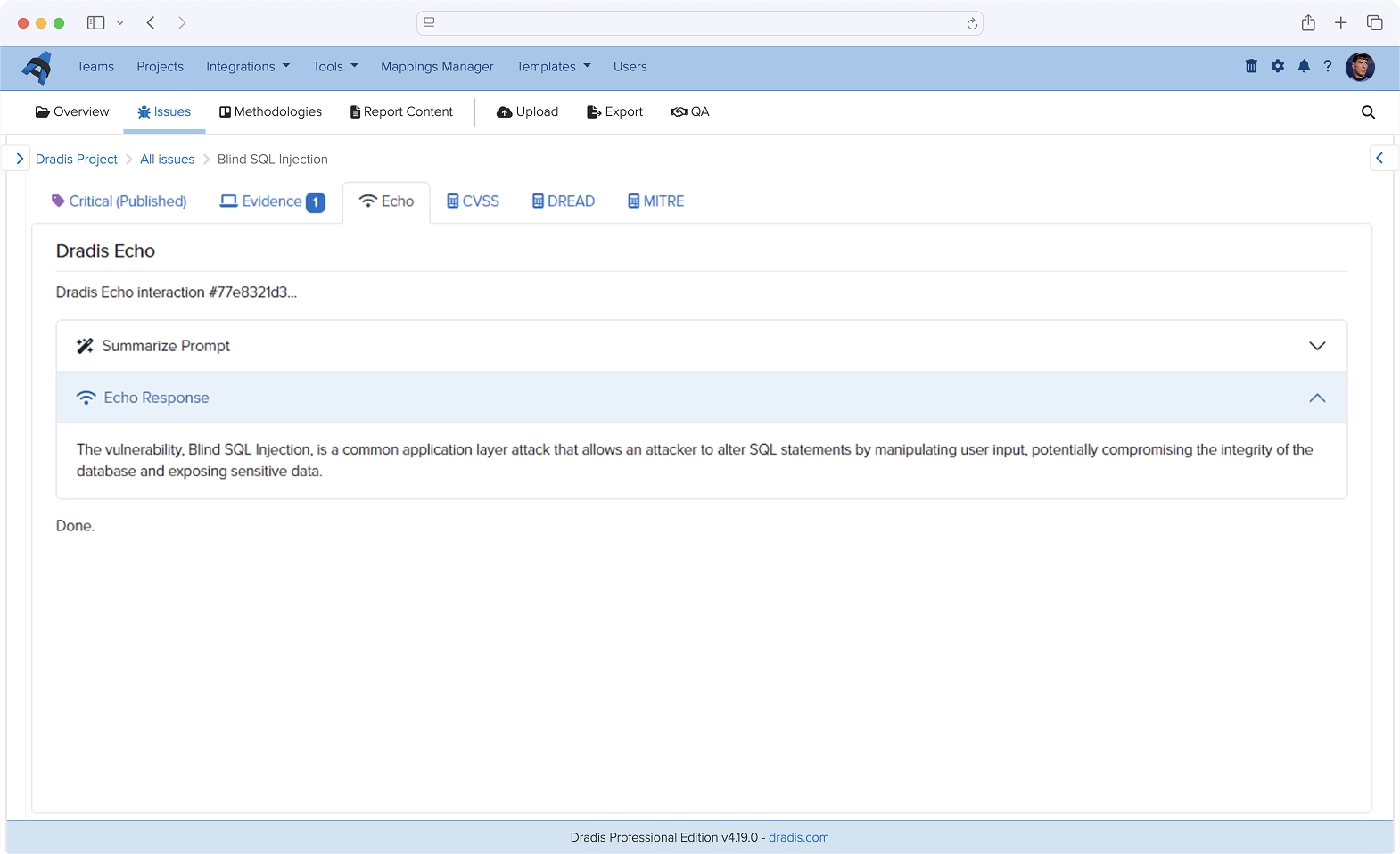 Screenshot of Dradis Echo finding enhancement interface