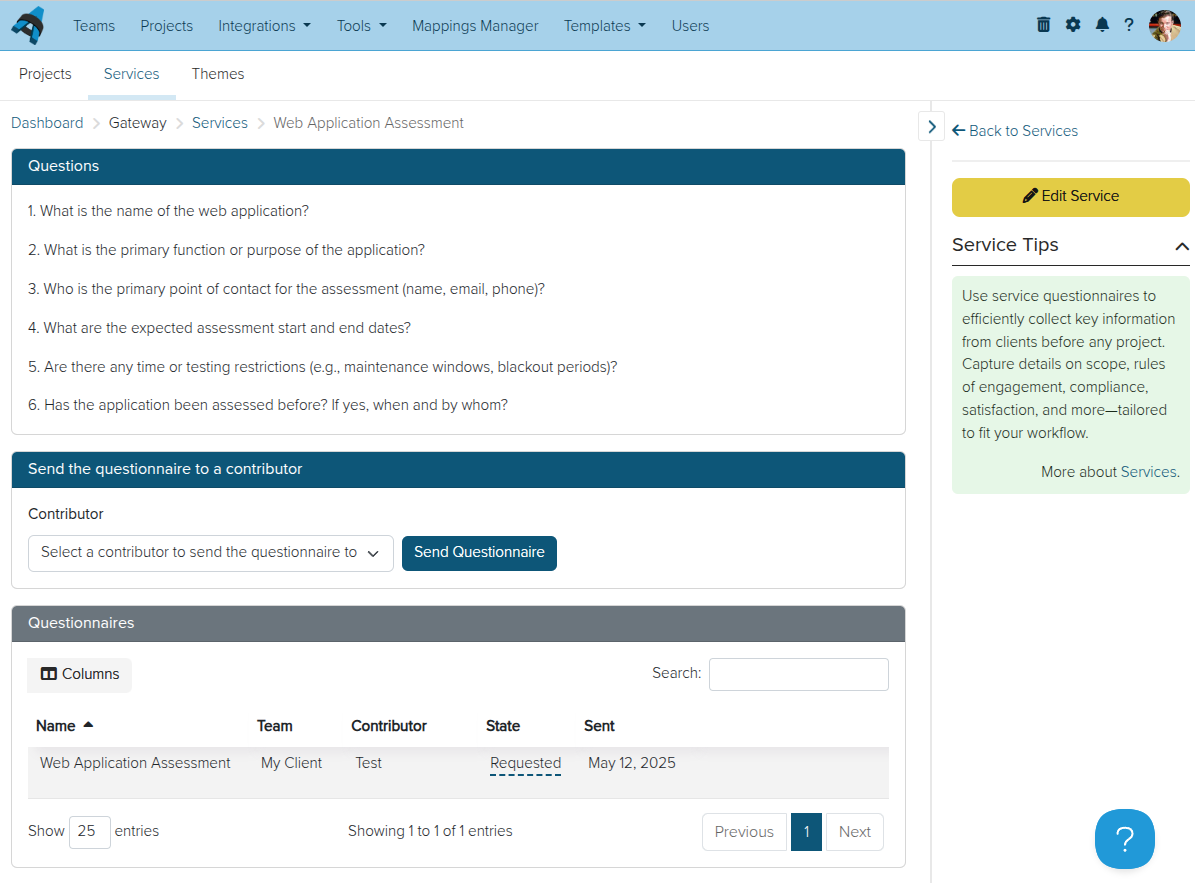 Screenshot of contributor questionnaire in Gateway