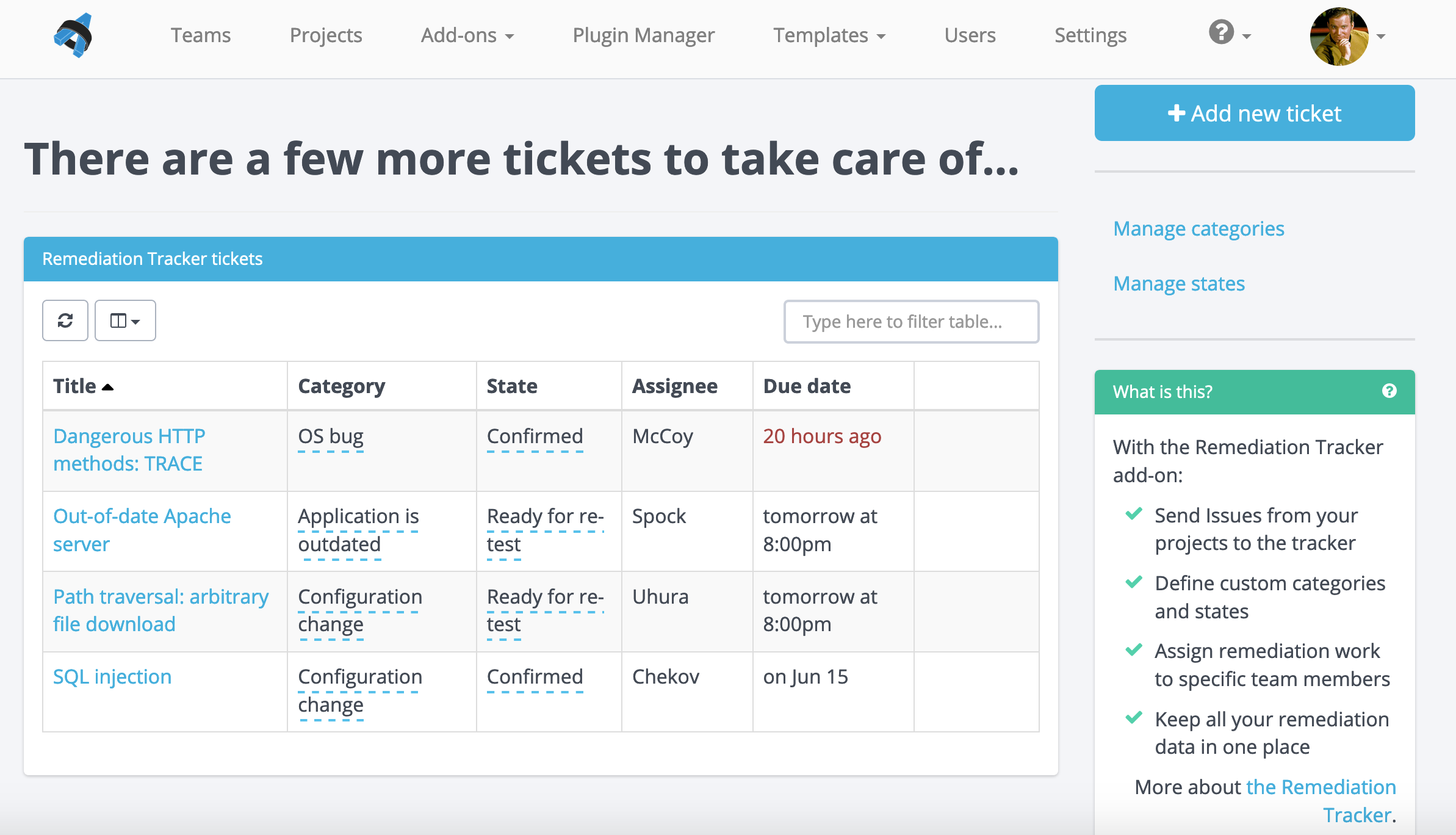 Screenshot of Remediation Tracker interface