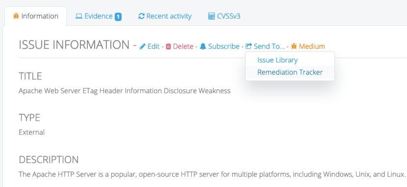 Screenshot of sending a ticket to Remediation Tracker