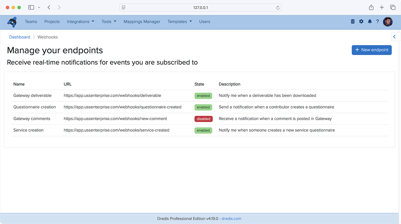 Screenshot of webhooks configuration interface