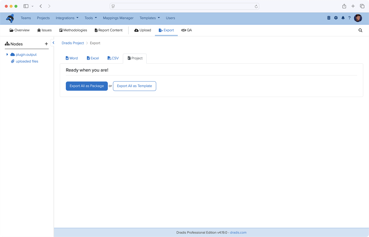 View showing the export option available to take the project offline