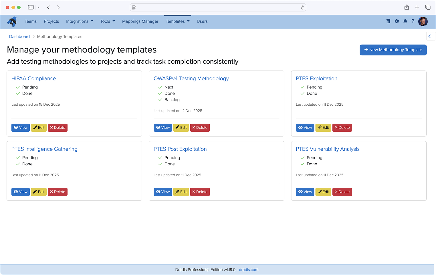 Screenshot of Methodology Templates