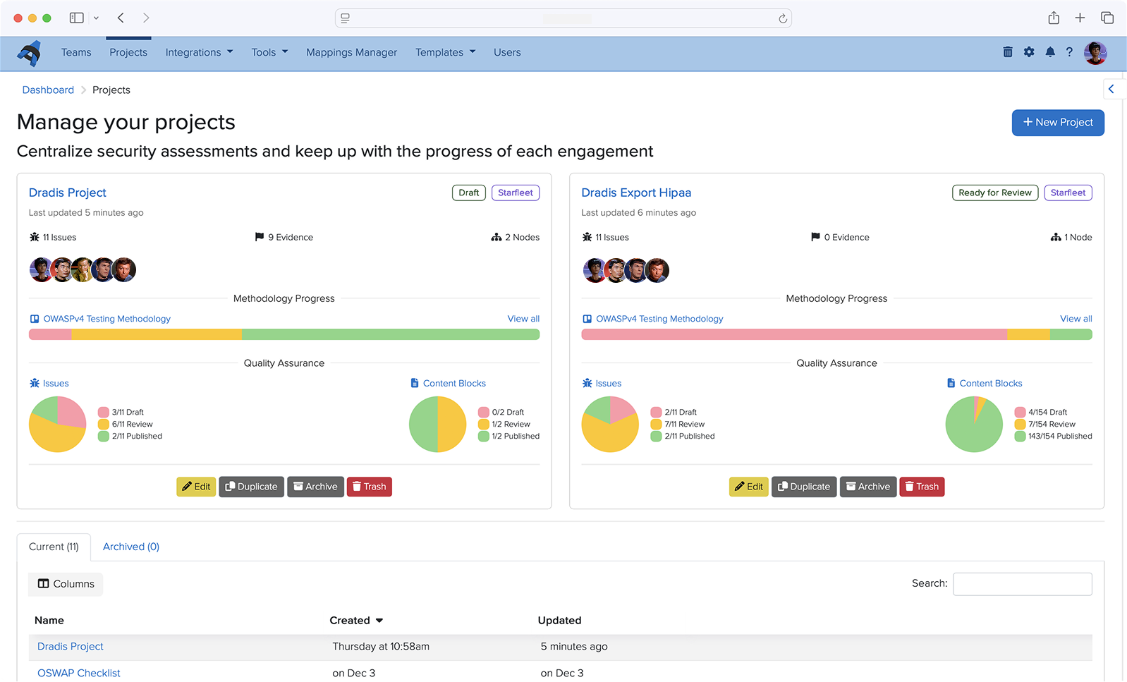 Dradis collaboration features showing team coordination