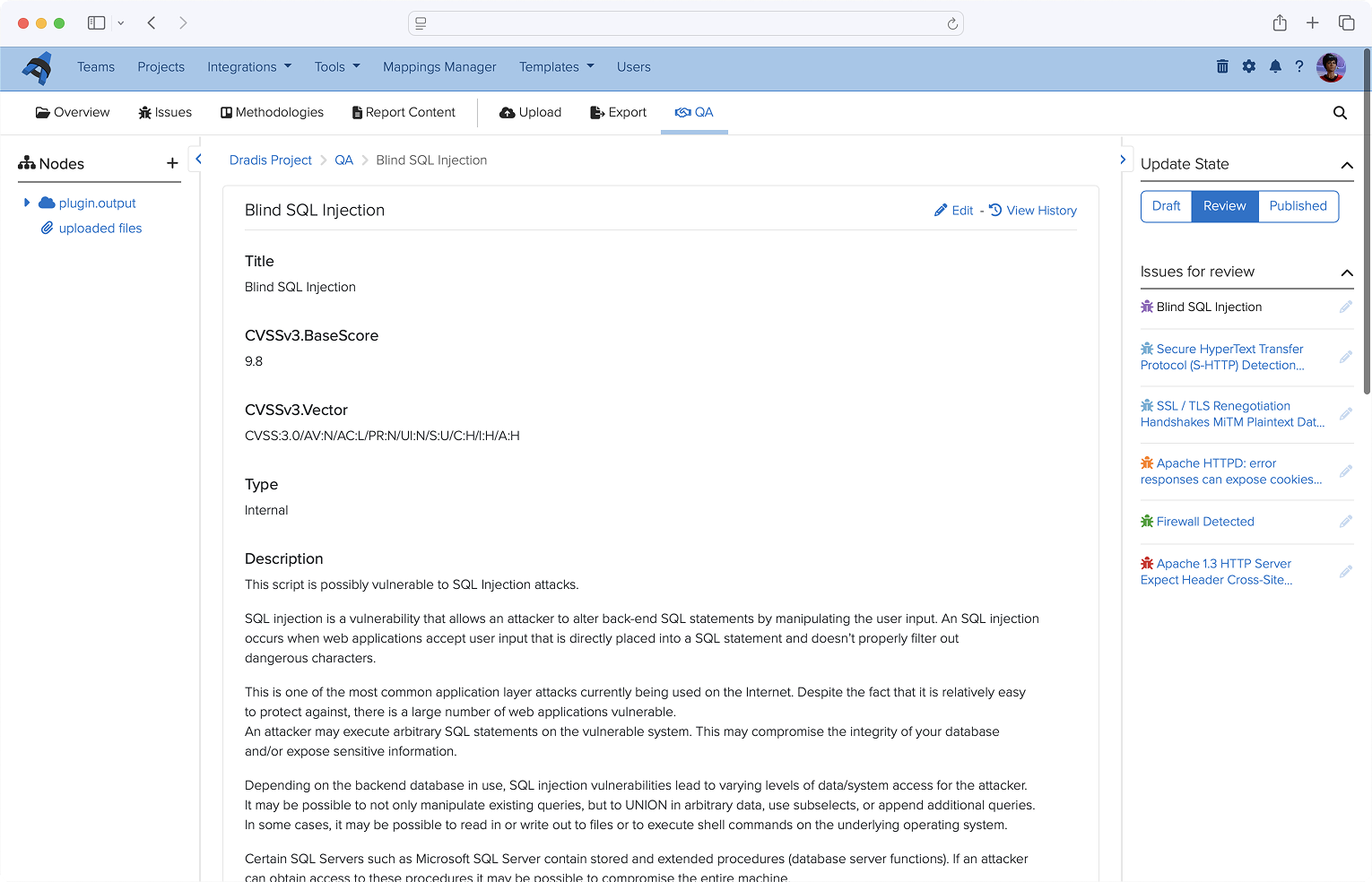 Screenshot of the Quality Assurance view