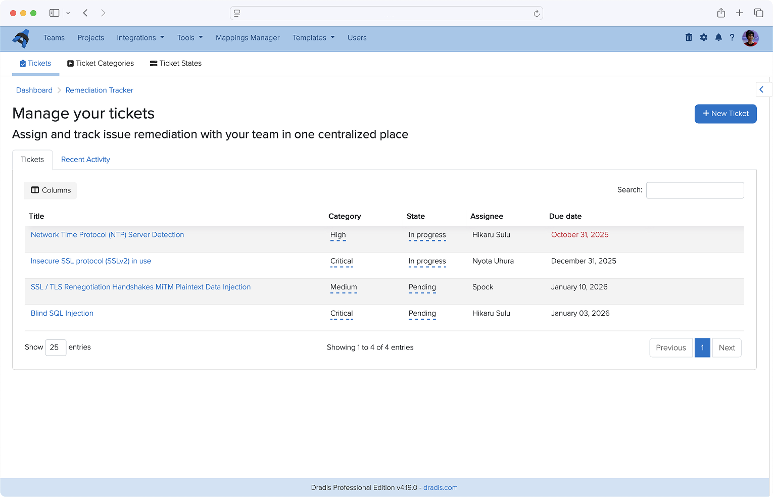 Remediation Tracker showing vulnerability status