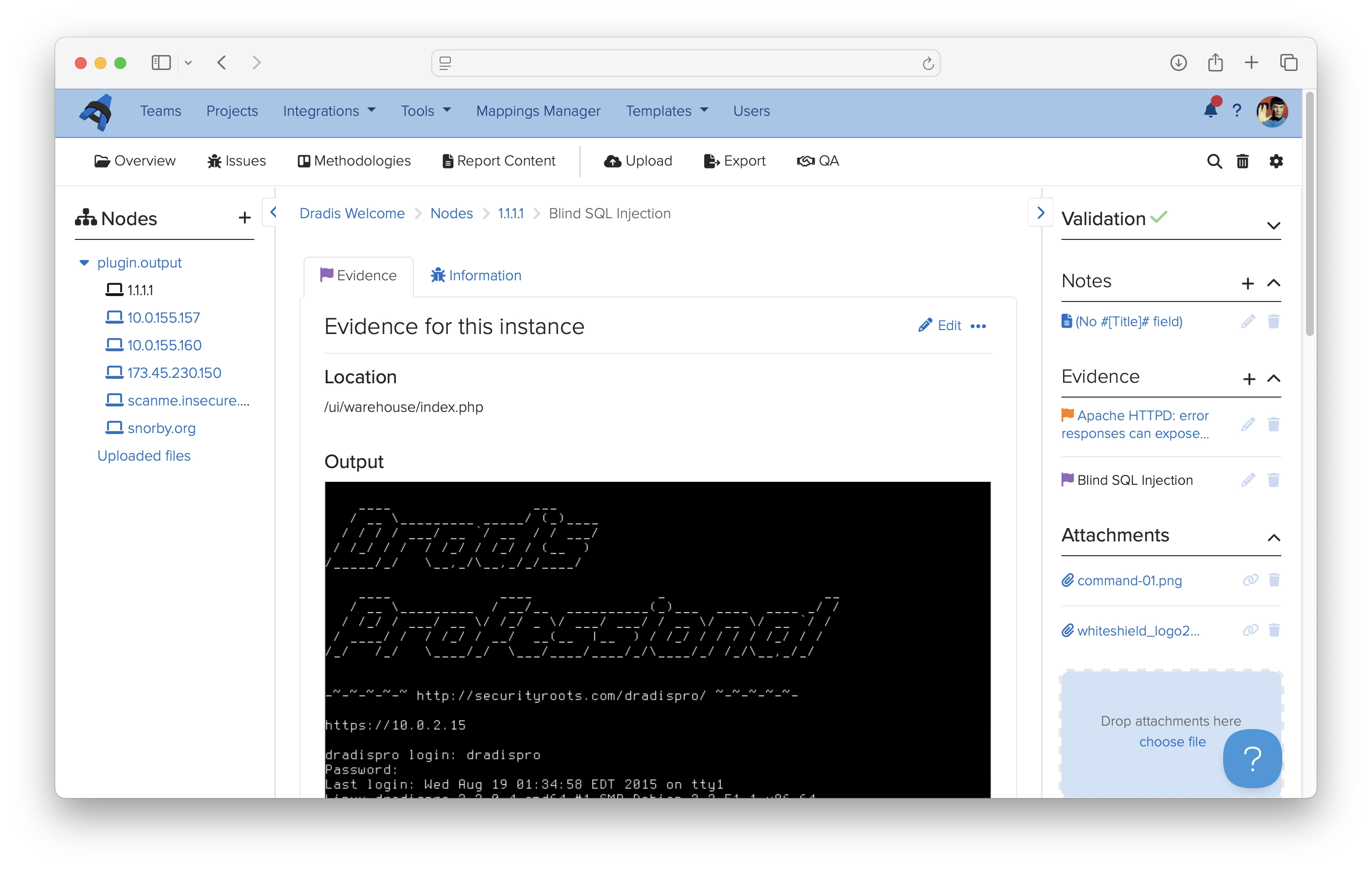 A screenshot showing an Issue (SSLv2 enabled) and part of the associated Evidence