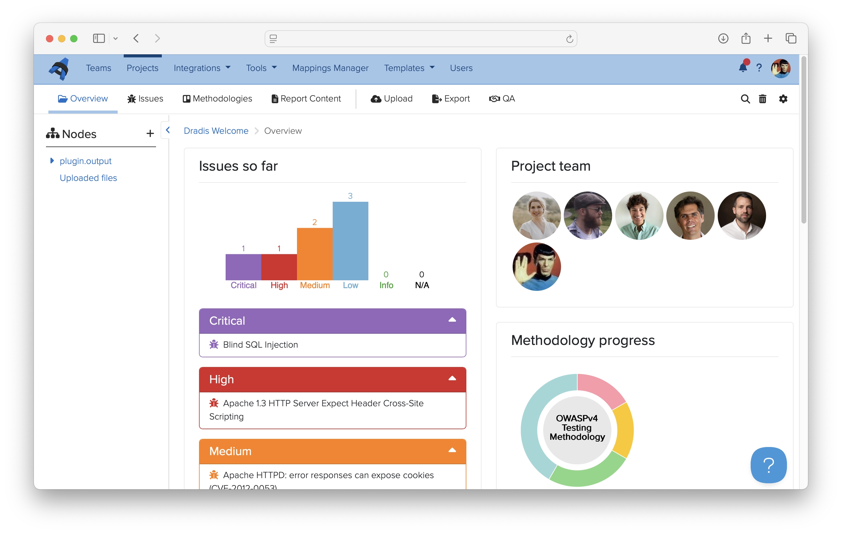 The Project Summary view with Findings Chart, Methodology Progress and Project Team components.